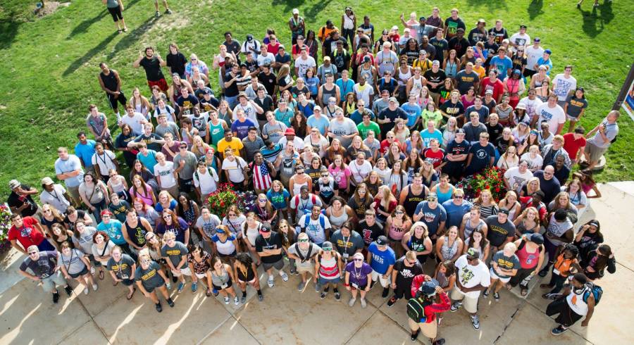 Freshman gathered outside Ledwidge Hall for a group picture.