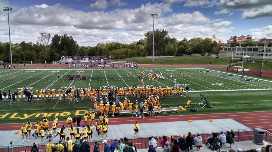 SHU+football+sporting+their+yellow+Nike+Pro+Combat+uniforms+against+St.+Joes.