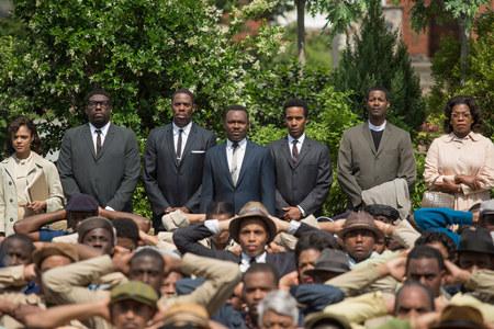 Background left to right: Tessa Thompson plays Diane Nash, Omar Dorsey plays James Orange, Colman Domingo plays Ralph Abernathy, David Oyelowo plays Martin Luther King, Jr., André Holland plays Andrew Young, Corey Reynolds plays Rev. C.T. Vivian, and Lorraine Toussaint plays Amelia Boynton in SELMA, from Paramount Pictures and Pathé.